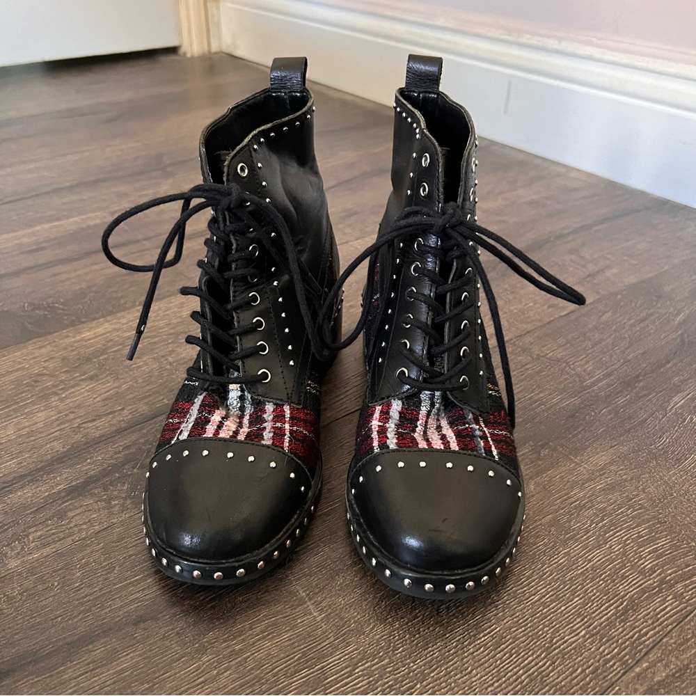Marc Fisher Plaid Studs Leather Boots
